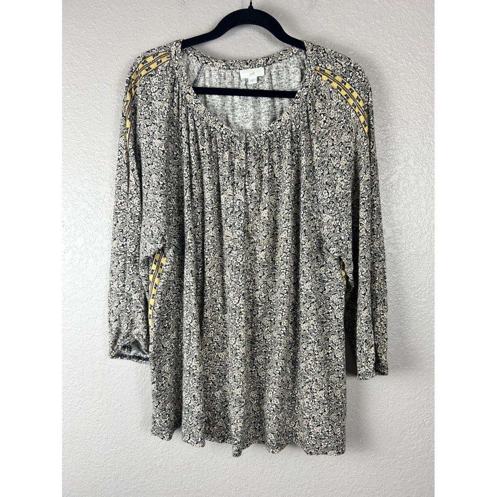 J. Jill Floral Tunic Top Black White Yellow Trim Cotton Modal Knit Blouse Sz 2X